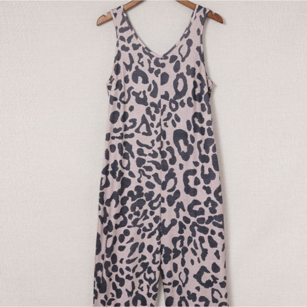 Leopard Print Pockets Wide Leg Jumpsuit